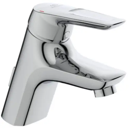 Waschtischarmatur von Ideal Standard in Chrom. Sie hat einen schlichten, modernen Entwurf mit einem Hebel zum Regulieren des Wasserflusses.